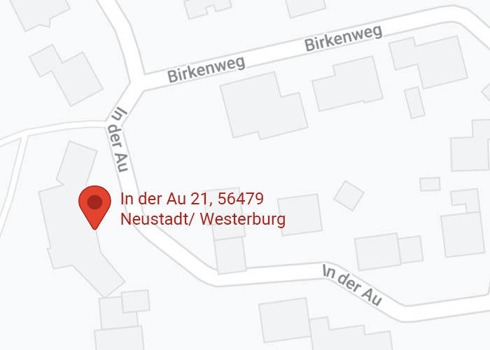 Karte mit rotem Standortpin bei In der Au 21, 56479 Neustadt/Westerburg, an der Kreuzung von Birkenweg und In der Au – relevant für den Gewerbeverein Westerburger Land e.V., der Unternehmen in der Verbandsgemeinde Westerburg vertritt.