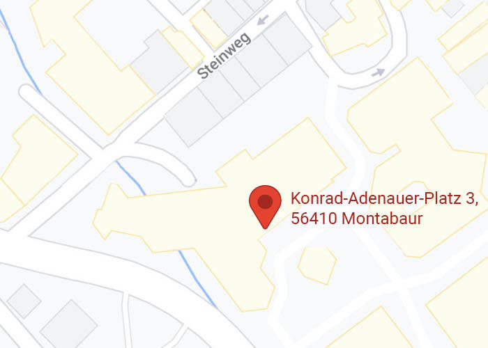 Karte mit Standortpin bei Konrad-Adenauer-Platz 3, 56410 Montabaur, vermutlich Sitz des Gewerbevereins Westerburg.