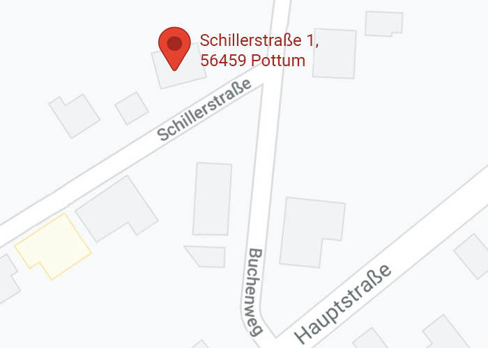 Karte mit der Adresse Schillerstraße 1, 56459 Pottum, an der Kreuzung von Schillerstraße, Buchenweg und Hauptstraße – Standort eines Mitglieds des Gewerbevereins Westerburg.
