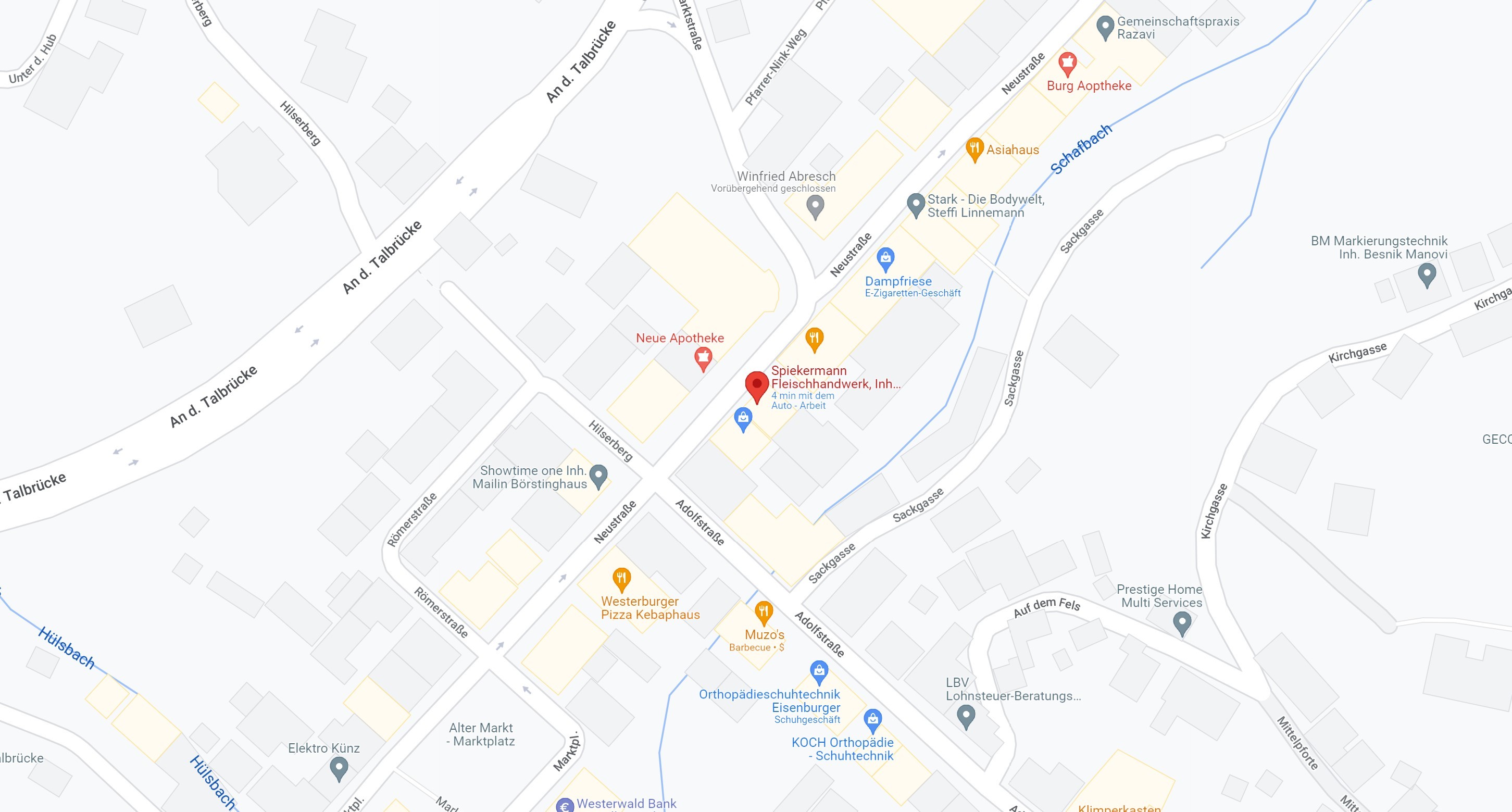 Google Maps-Karte von Westerburg mit lokalen Gewerbetreibenden wie Spiekermann Fleischhandwerk, Apotheken und Restaurants, die den Wirtschaftsstandort der Verbandsgemeinde Westerburg repräsentieren.
