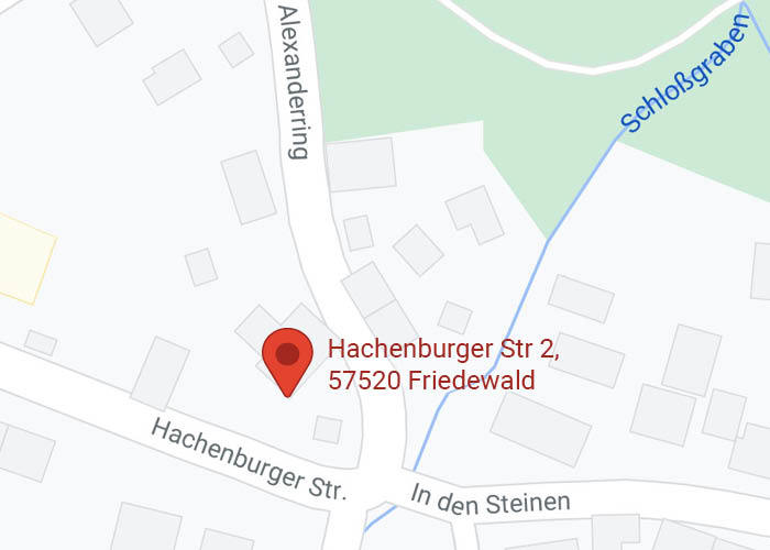 Karte, die die Adresse Hachenburger Str 2, 57520 Friedewald im Westerburger Land markiert, mit umgebenden Straßen wie Alexanderring und In den Steinen.